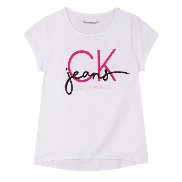 NWT Calvin Klein Girls Sequin & Hot Pink CK Logo Tee - Picture 1 of 6